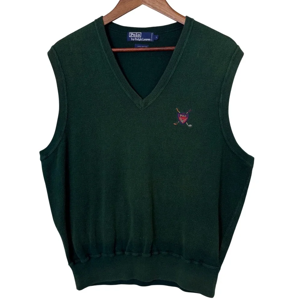 VTG‎ Polo Ralph Lauren Sweater Vest Mens Large Green Golf Crest Knit Cotton FLAW
